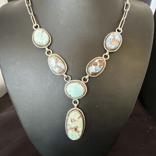 Navajo Blue Golden Hills Turquoise Lariat Necklace Pendant | Sterling Silver | Authentic Native American Handmade | 16282