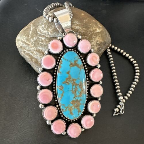 XXL Pink Conch Naja Pendant | Blue Turquoise | Navajo Sterling Silver Necklace 21" | Multi-Stone | 17426