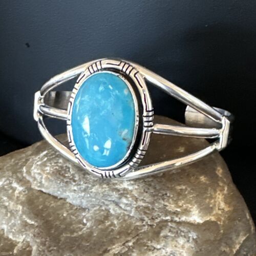 Women's Blue Kingman Turquoise Cuff Bracelet | Navajo Sterling Silver | Authentic Native American Jewelry | 16246
