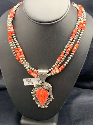 Navajo Spiny Oyster Feather Pendant | 3-Strand Sterling Silver Necklace with Pearls | Native American Handmade | 04130