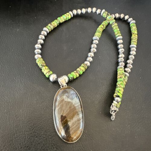 Navajo Green Turquoise Jasper Pendant | Sterling Silver Necklace | Authentic Native American Handmade | 16922