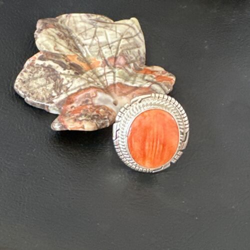 Navajo Orange Spiny Oyster Ring | Sterling Silver | Sz 8 | Authentic Native American Handmade | 16035
