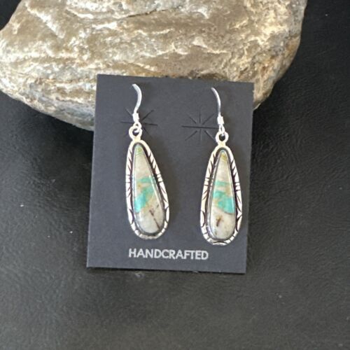 Navajo Blue Boulder Turquoise Dangle Earrings | Sterling Silver | Authentic Native American Handmade | 16504