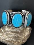 XL Men's Kingman Turquoise 3 Stone Cuff Bracelet | Navajo Sterling Silver | Authentic Native American Handmade | 15851