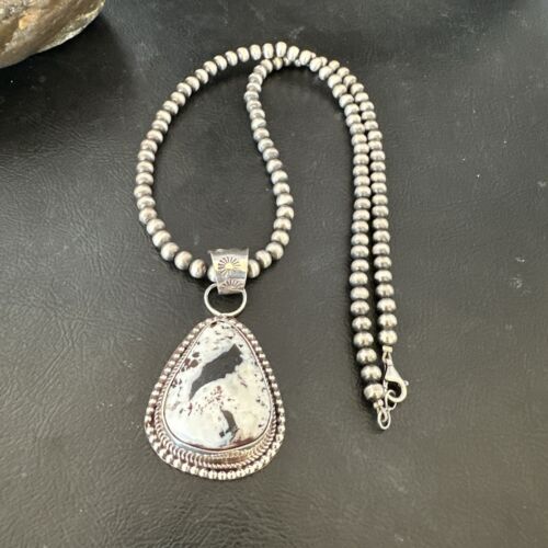 Navajo White Buffalo Turquoise Pendant | Sterling Silver Pearls Necklace | Authentic Native American Handmade | 17107