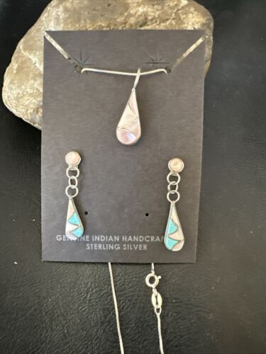 Zuni Turquoise & Pink Mother of Pearl Inlay Pendant Necklace & Earrings Set | Double Sided | Sterling Silver | Native American Handmade | 17493