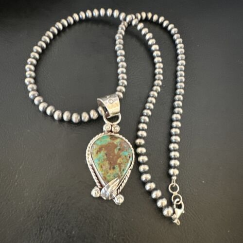 Navajo Blue Turquoise Pendant Necklace | Sterling Silver Pearls | Authentic Native American Handmade | 15654