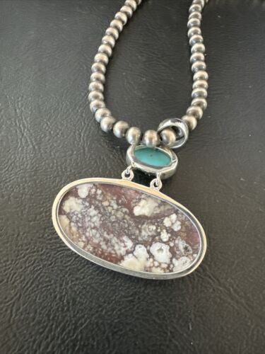 Navajo Wild Horse | Blue Kingman Turquoise Necklace | Sterling Silver | Authentic Native American Handmade | 17307