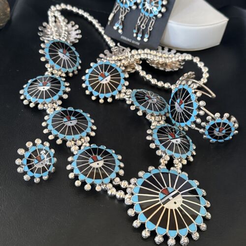 Zuni Ultra Rare Sunface Onyx Turquoise Inlay Squash Blossom Necklace Bracelet | Sterling Silver | 16679