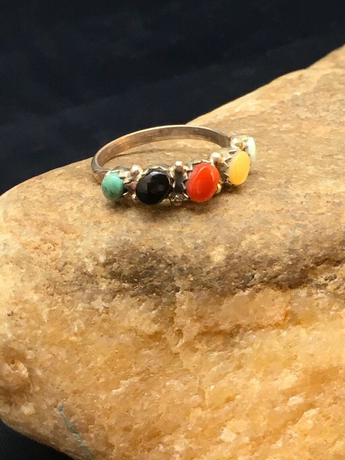Zuni Blue Opal Coral Turquoise Ring | Authentic Native American Sterling Silver | Multi-Stone | Sz 6.5 | 8999