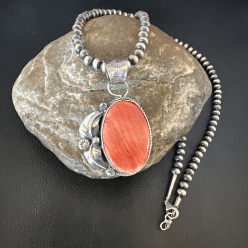 Navajo Red Spiny Oyster Pendant Necklace | Sterling Silver | Authentic Native American Handmade | 15633