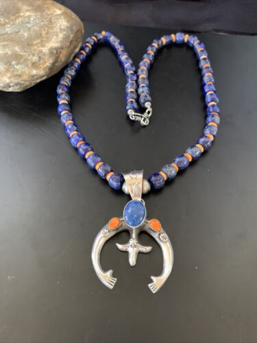 Navajo Blue Lapis Spiny Oyster Naja Pendant | Sterling Silver | Authentic Native American Handmade | 11493
