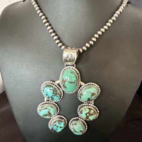 Men's Blue Turquoise Naja Pendant | Navajo Pearls Sterling Silver Necklace | Authentic Native American Handmade | 16180