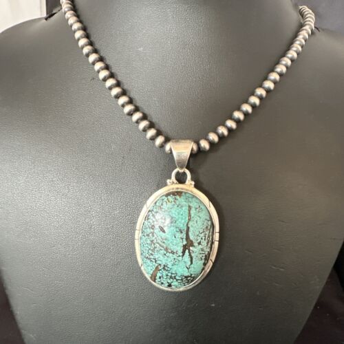 Men's Navajo Blue Spiderweb Turquoise Pendant Necklace | Sterling Silver | Authentic Native American Handmade | 16212