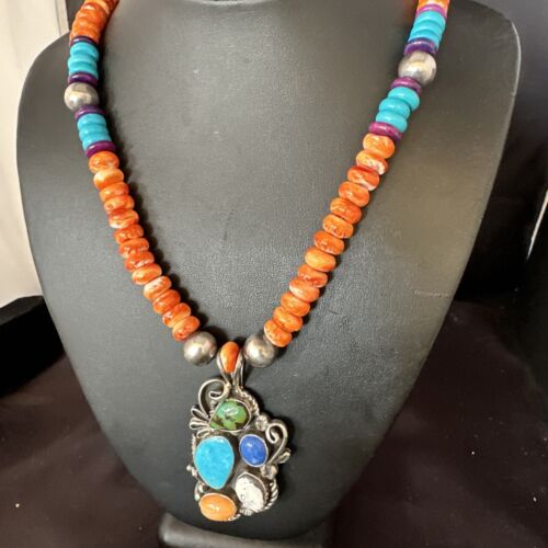 Navajo Blue Turquoise Spiny Oyster Pendant | Sterling Silver Bead Necklace | Multi-Stone | 15058