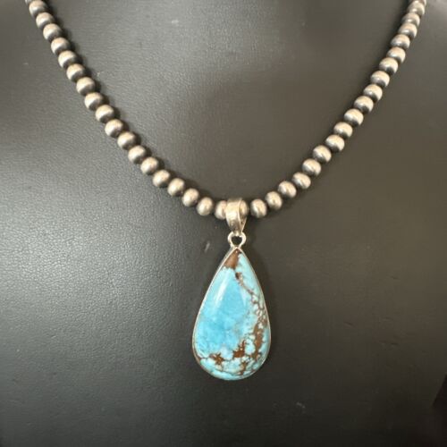 Navajo Blue Spiderweb Turquoise Pendant Necklace | Sterling Silver | Authentic Native American Handmade | 17029