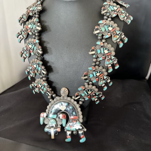 XXL Turquoise Onyx Kokopelli Inlay Squash Blossom Necklace | Sterling Silver | 16177