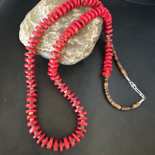 Navajo Red Coral Shell Bead Necklace | Sterling Silver | 30" | Authentic Native American Handmade | 15284