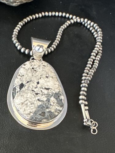 Navajo White Buffalo Turquoise Pendant Necklace | Sterling Silver | Authentic Native American Handmade | 14991