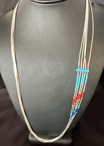 Multi-Color Liquid Silver Heishi 5-Strand Necklace | Sterling Tubes | 25" | 15055