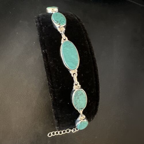Navajo Blue Turquoise Link Bracelet | Sterling Silver | 8" | Authentic Native American Handmade | 15469