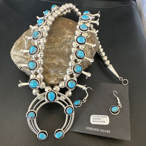 Navajo Kingman Turquoise Shadowbox Squash Blossom Necklace | Sterling Silver | Authentic Native American Handmade | 16091