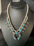 Navajo Kingman Turquoise Squash Blossom Necklace | Sterling Silver | Authentic Native American Handmade | 13678
