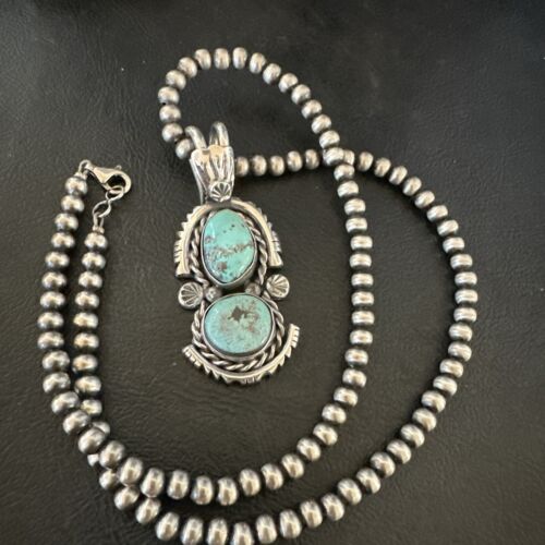 Navajo Blue Kingman Turquoise 2 Stone Cluster Pendant | Sterling Silver | Authentic Native American Handmade | 17634