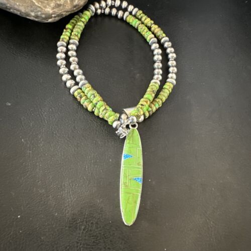 Navajo Green Gaspeite & Turquoise Inlay Pendant Necklace | Sterling Silver | 22" | Authentic Native American Handmade | 16765