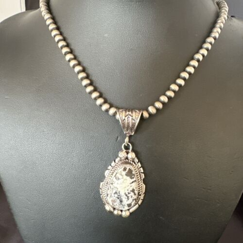 Navajo White Buffalo Turquoise Pendant Necklace | Sterling Silver | Authentic Native American Handmade | 17516