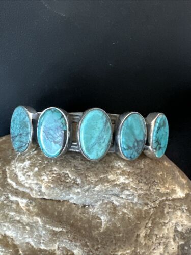 Women's Blue Turquoise 5-Stone Cuff Bracelet | Navajo Sterling Silver | Authentic Native American Jewelry | 16165