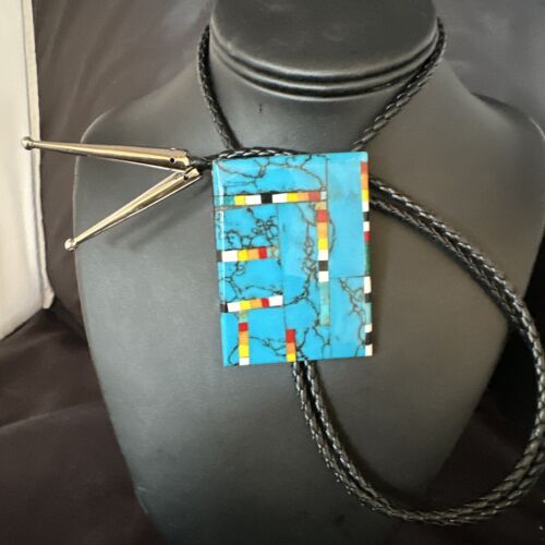 Men's Turquoise Orange Spiny Oyster Bolo Tie | Sterling Silver | Santo Domingo | 15501