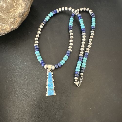 Navajo Opal Inlay Pendant Turquoise & Lapis | Sterling Silver Necklace | Native American Handmade | 16847