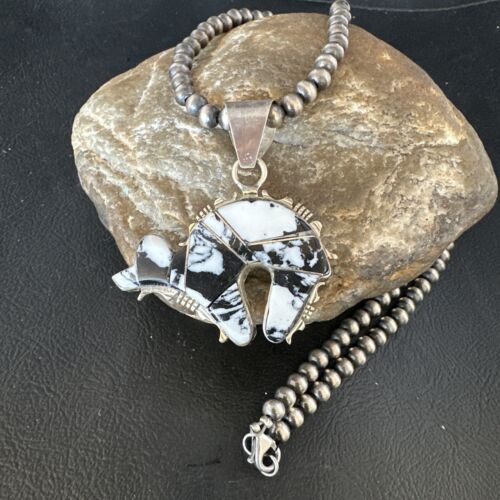 Navajo White Buffalo Turquoise Bear Inlay Pendant Necklace | Sterling Silver | Native American Handmade | 15248