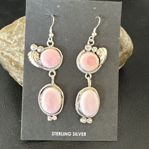 Navajo Pink Conch Shell Dangle Earrings | Sterling Silver | Authentic Native American Handmade | 17193