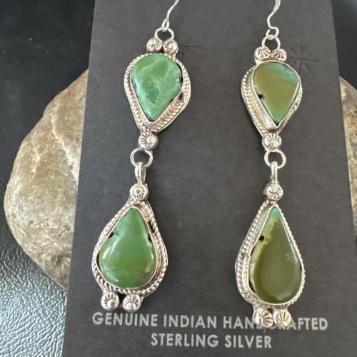 Navajo Green Royston Turquoise Dangle Earrings | Sterling Silver | Authentic Native American Handmade | 17142