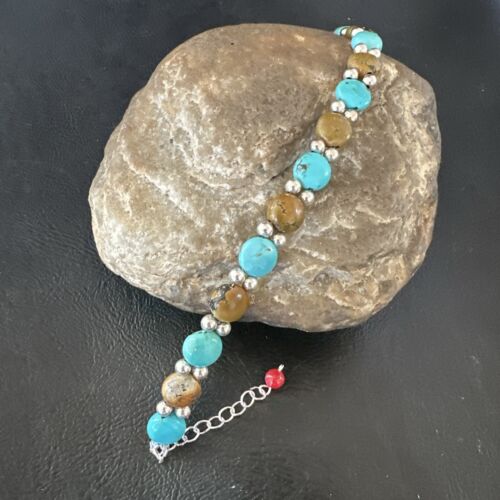 Women's Blue Turquoise Bead Bracelet | Southwestern Sterling Silver Link | 8" | 17232
