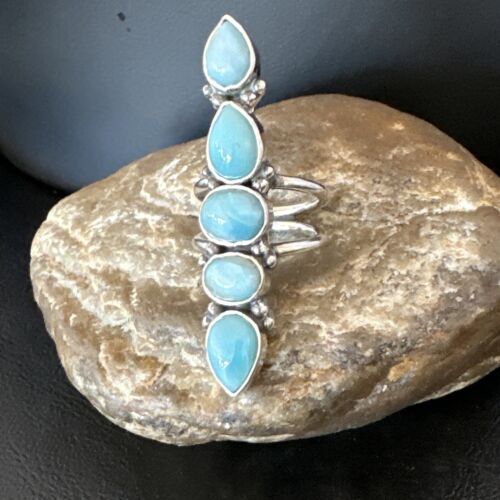 Navajo Blue Larimar Multi-Stone Ring | Authentic Native American Sterling Silver | Multi-Stone | Sz 8.5 | 15970