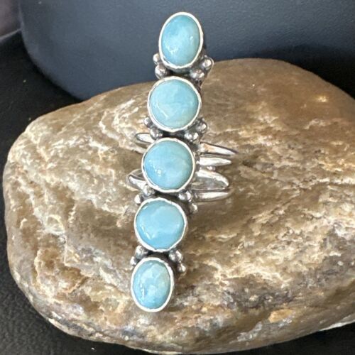 Navajo Blue Larimar Multi-Stone Cluster Ring | Authentic Native American Sterling Silver | Multi-Stone | Sz 7.5 | 17556