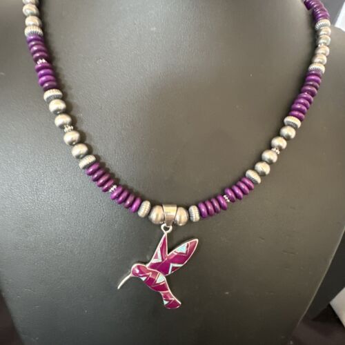 Navajo Hummingbird Purple Sugilite Inlay Pendant Necklace | Sterling Silver Inlay | Authentic Native American Handmade | 16762