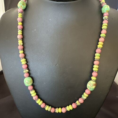 Navajo Green Turquoise Rhodochrosite Necklace | Sterling Silver | Authentic Native American Handmade | 20" | 17492