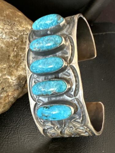 XL Men's Kingman Turquoise 5 Stone Cuff Bracelet | Navajo Sterling Silver | Authentic Native American Handmade | 15858