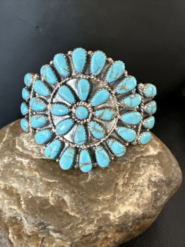 Navajo Blue Turquoise Cluster Cuff Bracelet | Sterling Silver | Old Pawn | Authentic Native American Handmade | 17220