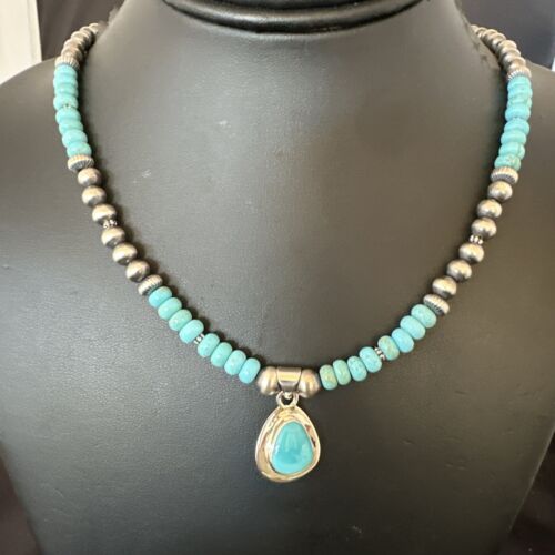 Navajo Blue Kingman Turquoise Pendant Necklace | Sterling Silver | 21" | Authentic Native American Handmade | 16933
