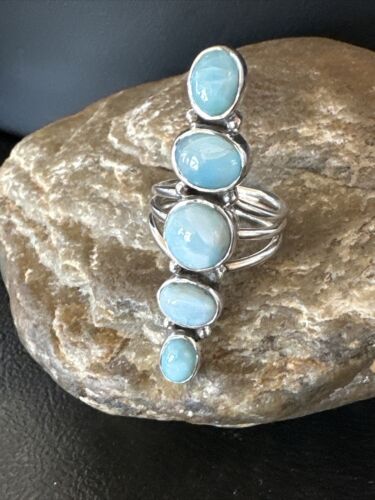 Navajo Blue Larimar Cluster Ring | Authentic Native American Sterling Silver | Multi-Stone | Sz 6.5 | 16161