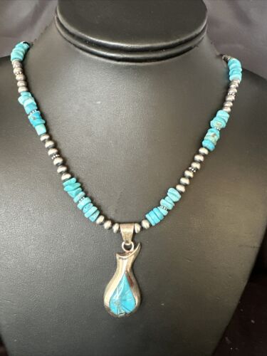 Navajo Kingman Turquoise Pendant Necklace | Sterling Silver | Native American Handmade | 14831