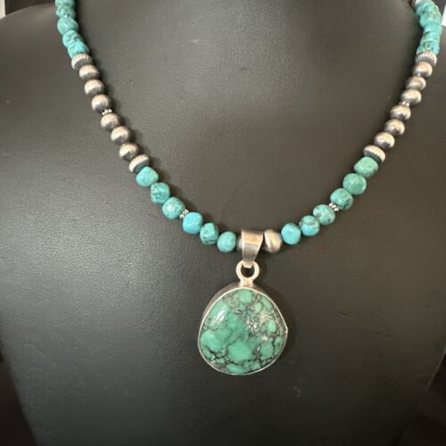 Men's Blue Spiderweb Turquoise Pendant Necklace | Navajo Sterling Silver | Authentic Native American Handmade | 17086