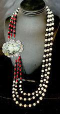 Navajo White Buffalo Turquoise and Coral Pendant Necklace | Sterling Silver | Authentic Native American Handmade | 15495