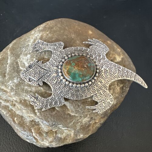 Navajo Royston Green Turquoise Horny Toad Pin | Handmade Stamped | Authentic Native American | LC 15496