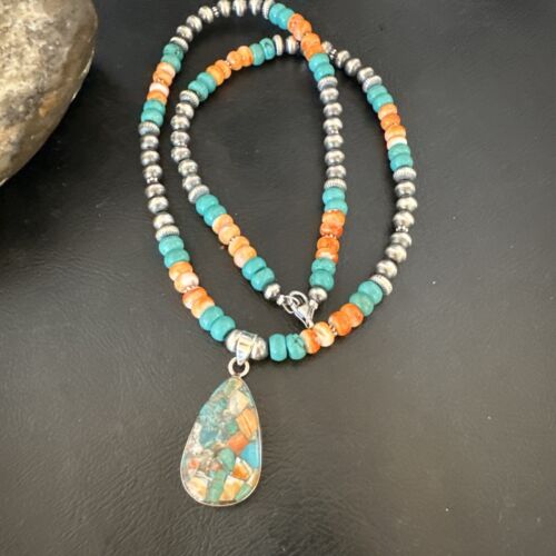 Navajo Spiny Turquoise Pendant Necklace | Sterling Silver | 22" | Authentic Native American Handmade | 17413